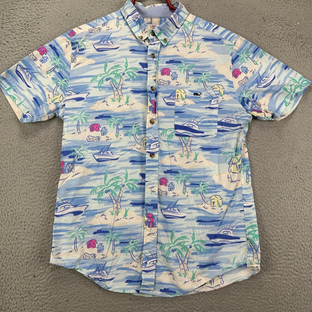 Vineyard Vines Mens Button Down Shirt Medium Blue Island Pocket Short Sleeve - Picture 1 of 10